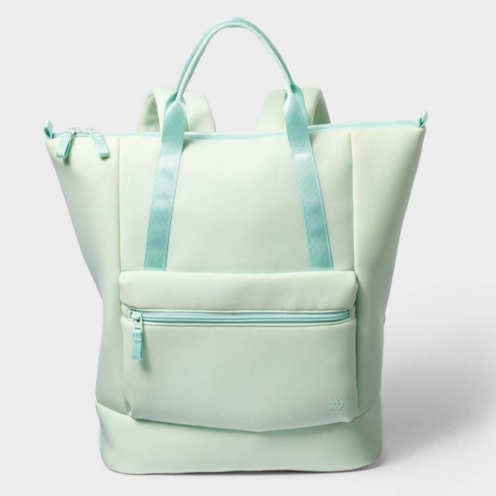 All in Motion16" Faux Neoprene Scuba Tote Backpack Green Blue Luggage Strap - Picture 4 of 6